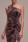 Plum Brown Flower Mermaid Ruched Long Velvet Holiday Party Dress with Slit