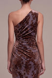 Plum Brown Flower Mermaid Ruched Long Velvet Holiday Party Dress with Slit