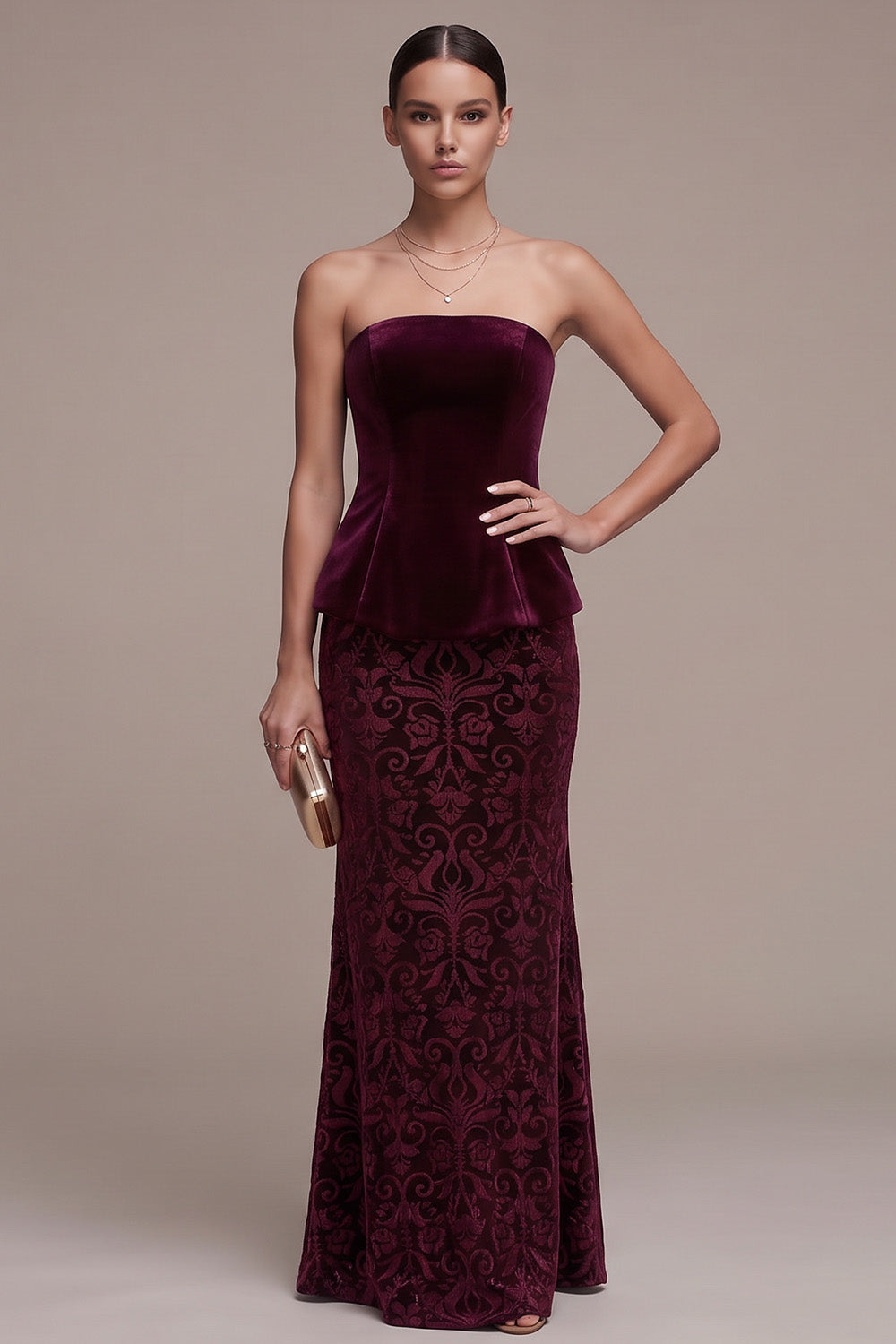 Burgundy Floral Ruffled Long Mermaid Velvet Holiday Party Dress