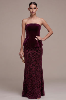 Burgundy Floral Ruffled Long Mermaid Velvet Holiday Party Dress