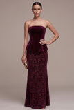 Burgundy Floral Ruffled Long Mermaid Velvet Holiday Party Dress