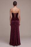 Burgundy Floral Ruffled Long Mermaid Velvet Holiday Party Dress