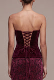Burgundy Floral Ruffled Long Mermaid Velvet Holiday Party Dress