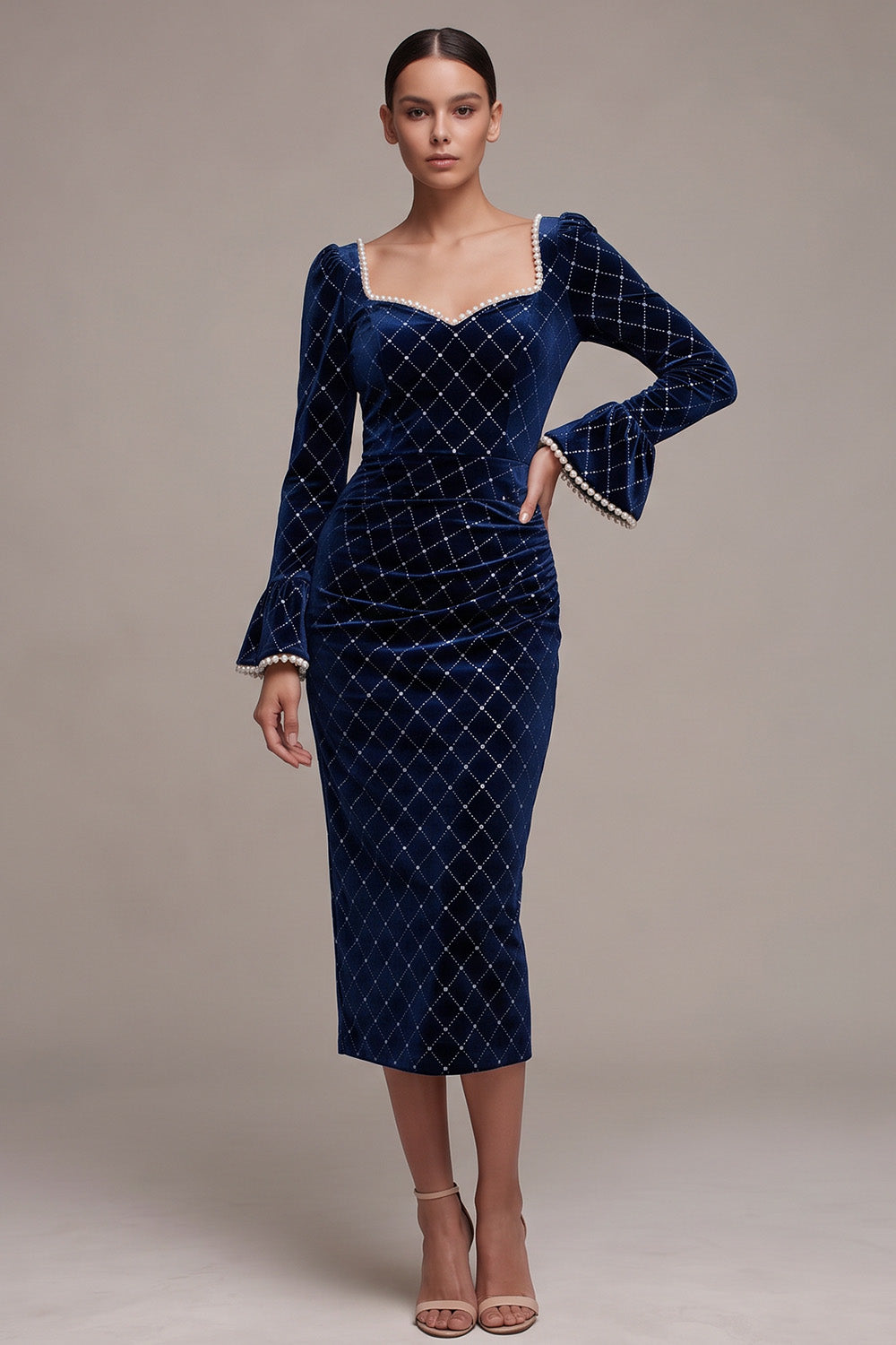 Sparkly Royal Blue Plaid Bodycon Beaded Midi Velvet Holiday Party Dress with Sleeves