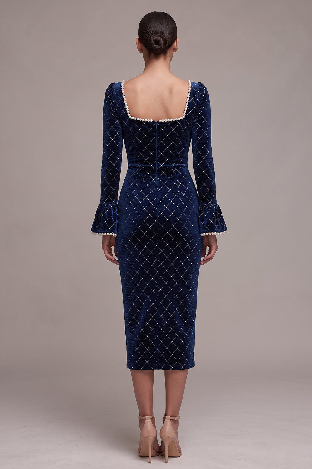 Sparkly Royal Blue Plaid Bodycon Beaded Midi Velvet Holiday Party Dress with Sleeves