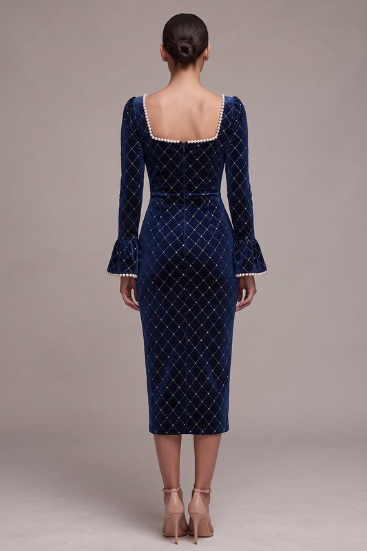 Sparkly Royal Blue Plaid Bodycon Beaded Midi Velvet Holiday Party Dress with Sleeves