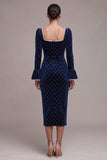 Sparkly Royal Blue Plaid Bodycon Beaded Midi Velvet Holiday Party Dress with Sleeves