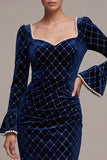 Sparkly Royal Blue Plaid Bodycon Beaded Midi Velvet Holiday Party Dress with Sleeves