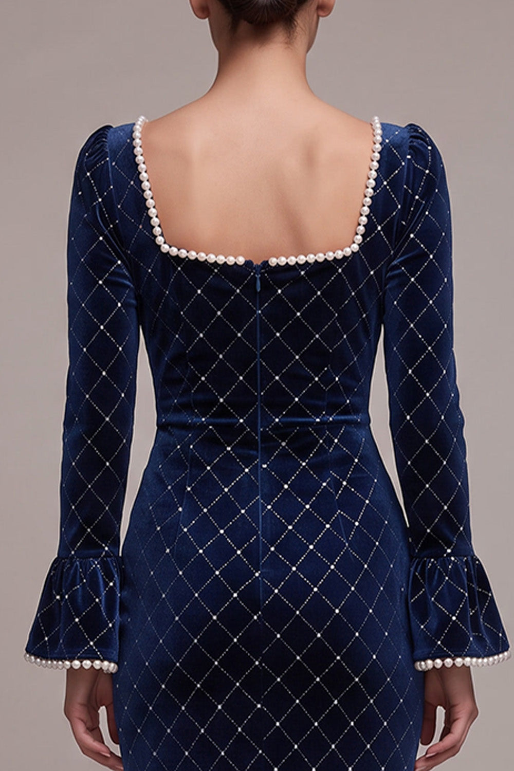 Sparkly Royal Blue Plaid Bodycon Beaded Midi Velvet Holiday Party Dress with Sleeves