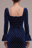 Sparkly Royal Blue Plaid Bodycon Beaded Midi Velvet Holiday Party Dress with Sleeves