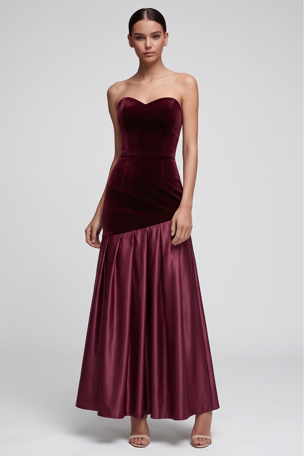 Burgundy Sweetheart Ruched Long Velvet Holiday Party Dress