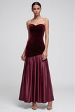 Burgundy Sweetheart Ruched Long Velvet Holiday Party Dress