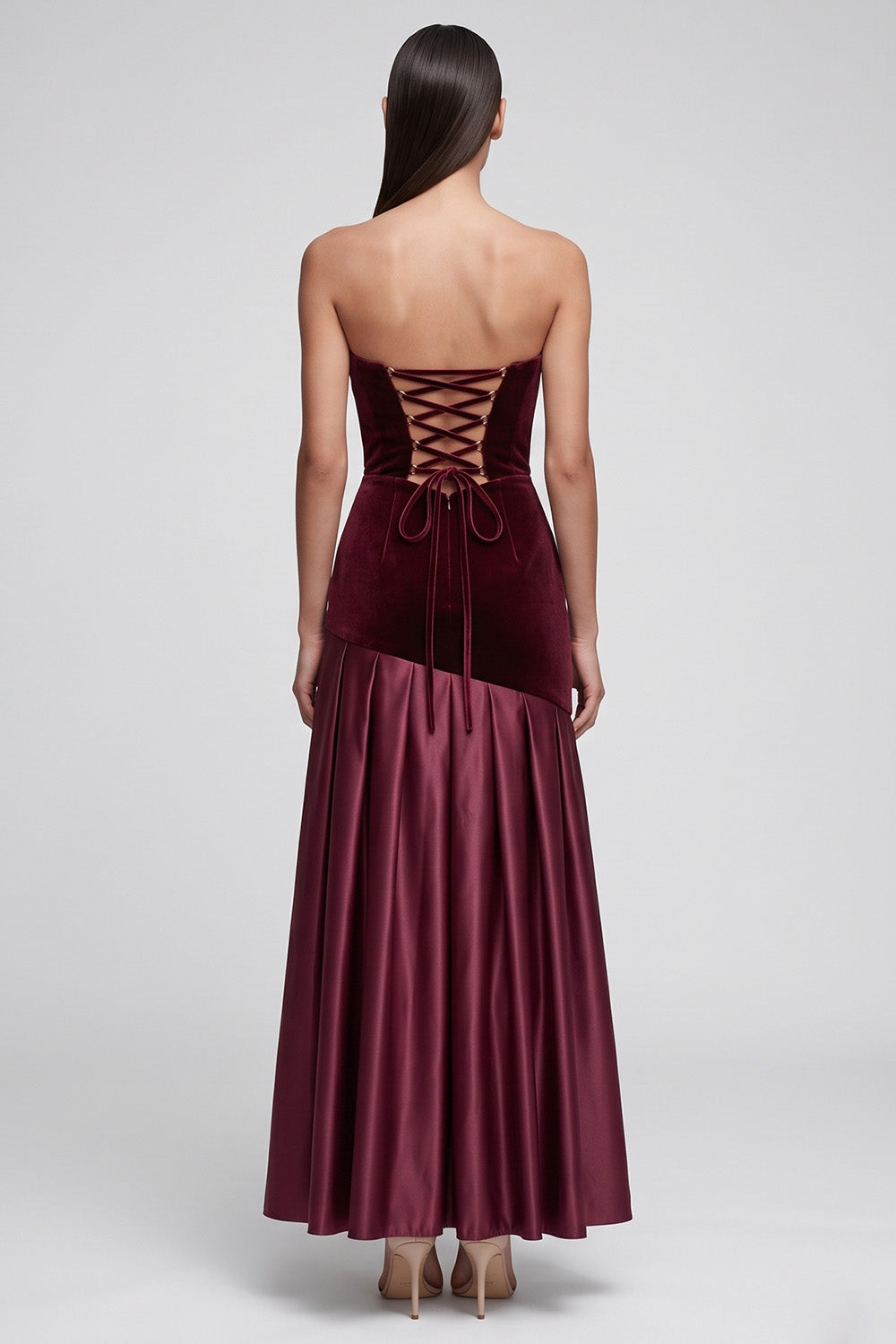Burgundy Sweetheart Ruched Long Velvet Holiday Party Dress