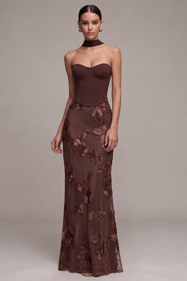 Coffee Corset Mermaid Floral Sweetheart Long Formal Dress with Neck Scarf