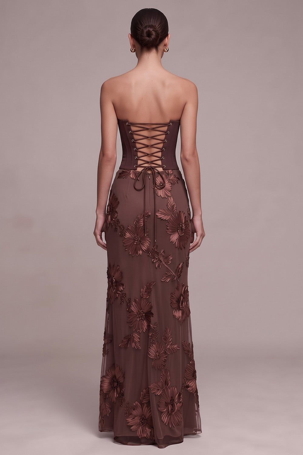Coffee Corset Mermaid Floral Sweetheart Long Formal Dress with Neck Scarf