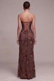 Coffee Corset Mermaid Floral Sweetheart Long Formal Dress with Neck Scarf