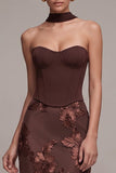 Coffee Corset Mermaid Floral Sweetheart Long Formal Dress with Neck Scarf