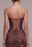Coffee Corset Mermaid Floral Sweetheart Long Formal Dress with Neck Scarf