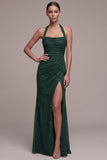 Sparkly Dark Green Sheath Halter Beaded Ruched Long Formal Dress with Slit