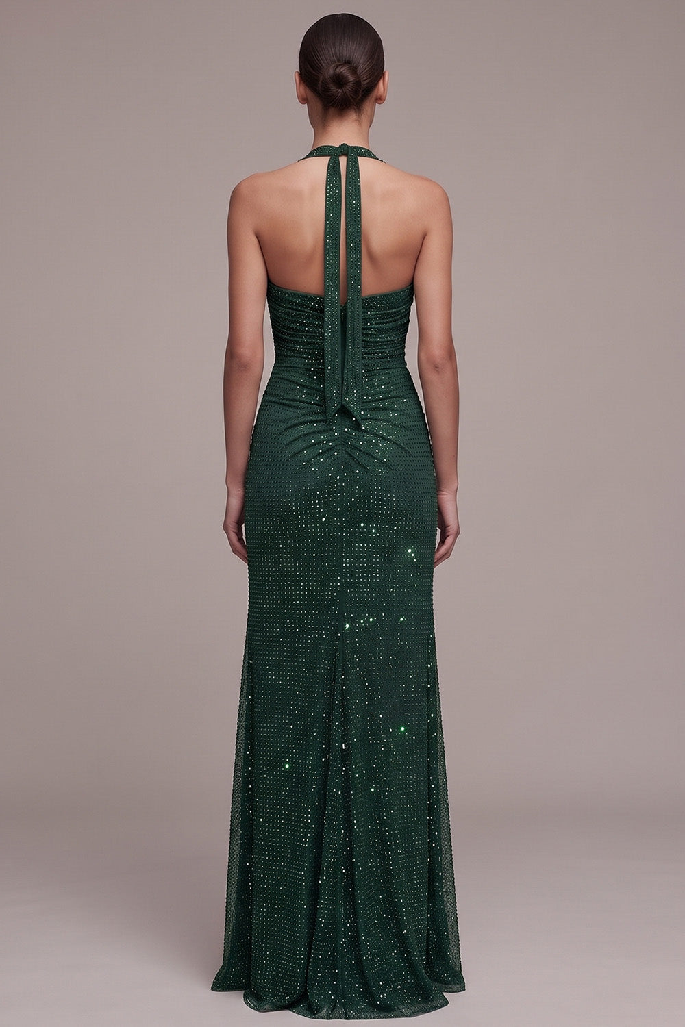 Sparkly Dark Green Sheath Halter Beaded Ruched Long Formal Dress with Slit