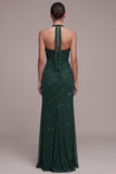 Sparkly Dark Green Sheath Halter Beaded Ruched Long Formal Dress with Slit