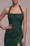 Sparkly Dark Green Sheath Halter Beaded Ruched Long Formal Dress with Slit