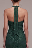 Sparkly Dark Green Sheath Halter Beaded Ruched Long Formal Dress with Slit