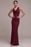 Sparkly Burgundy Beaded Mermaid Cowl Neck Long Formal Dress