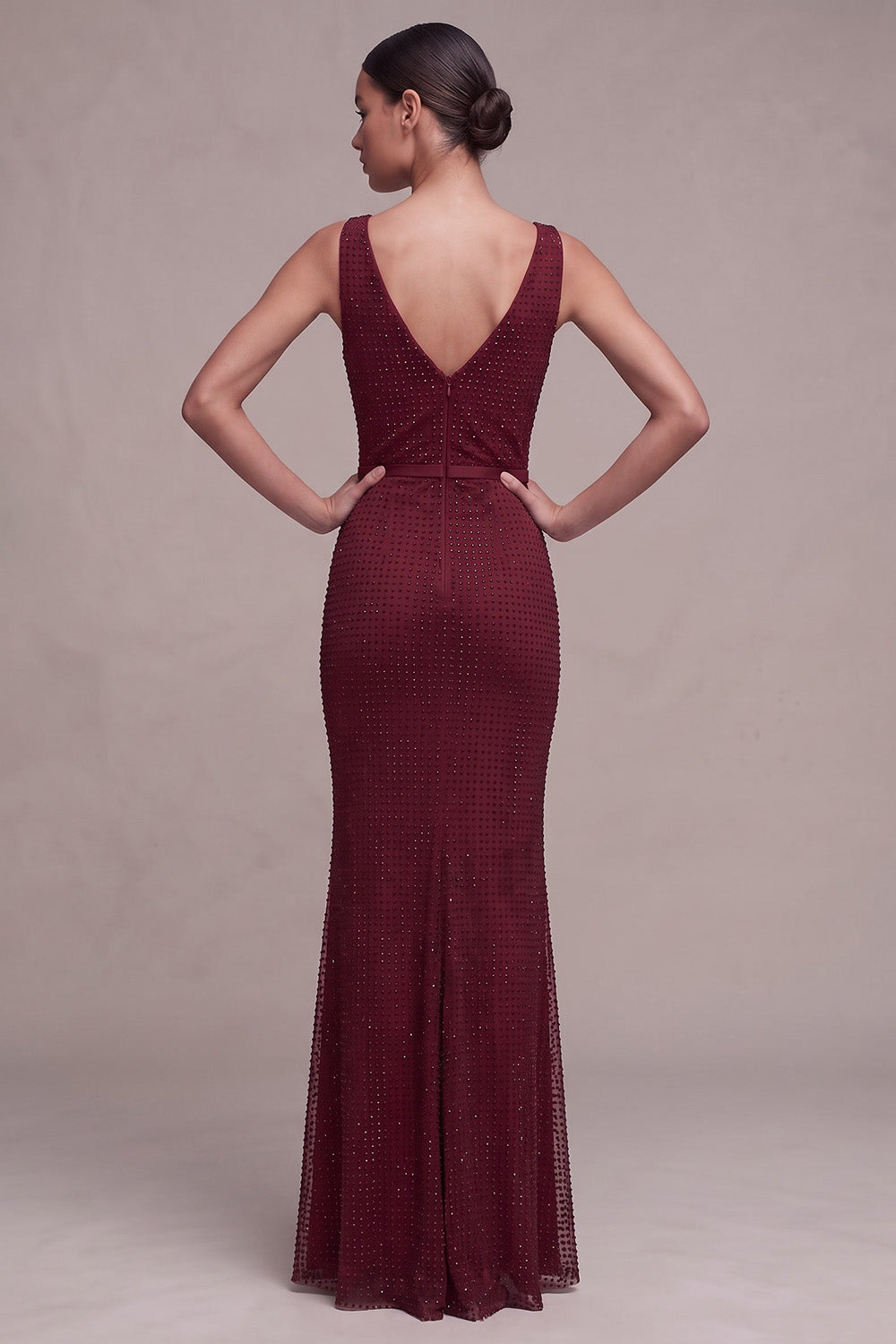 Sparkly Burgundy Beaded Mermaid Cowl Neck Long Formal Dress
