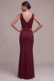 Sparkly Burgundy Beaded Mermaid Cowl Neck Long Formal Dress