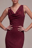 Sparkly Burgundy Beaded Mermaid Cowl Neck Long Formal Dress