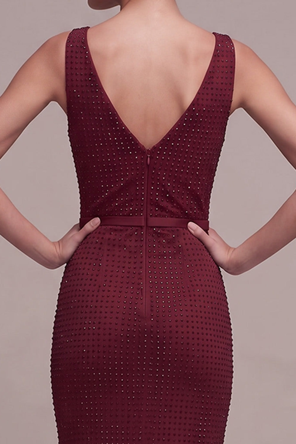 Sparkly Burgundy Beaded Mermaid Cowl Neck Long Formal Dress