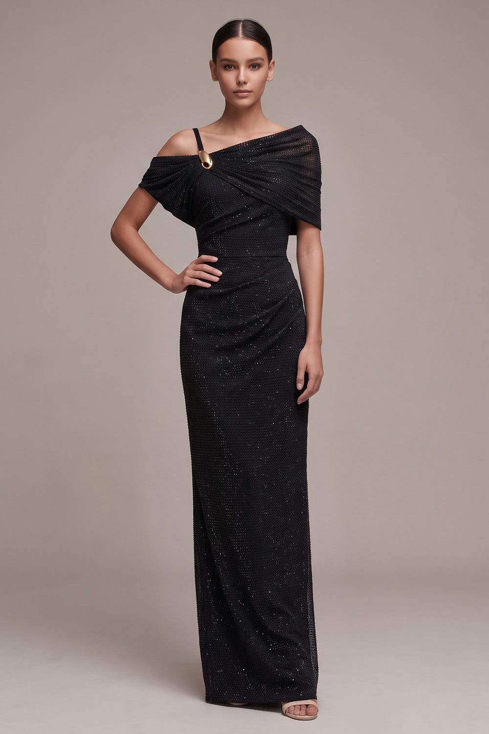 Black Sheath Glitter Asymmetrical Neck Ruched Long Formal Dress with Sleeves