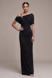 Black Sheath Glitter Asymmetrical Neck Ruched Long Formal Dress with Sleeves