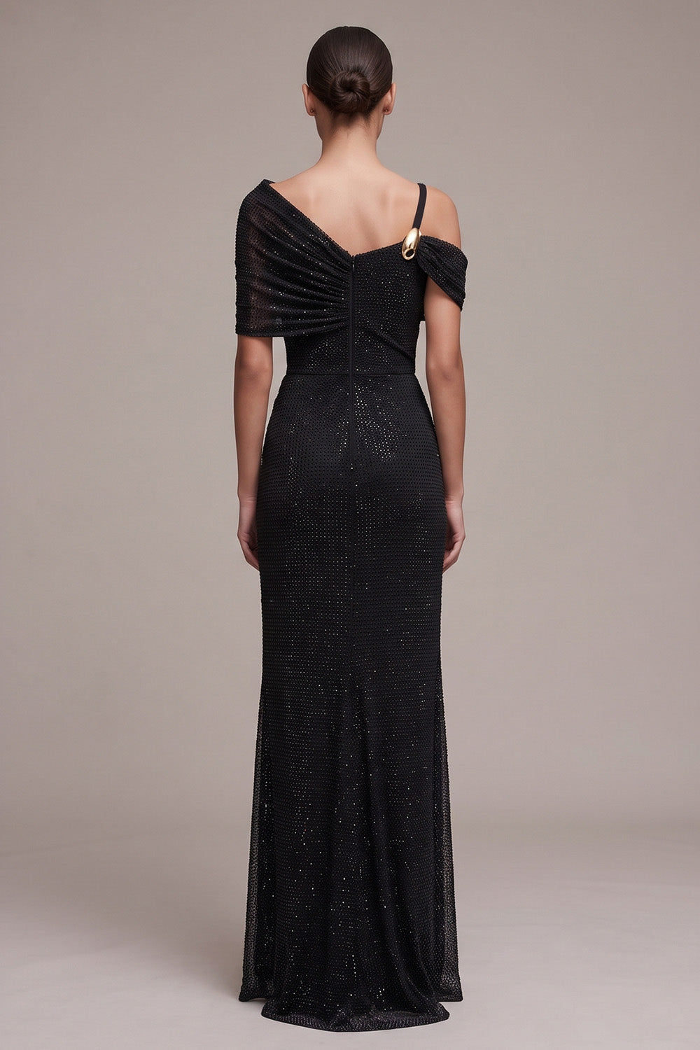 Black Sheath Glitter Asymmetrical Neck Ruched Long Formal Dress with Sleeves