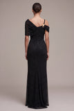 Black Sheath Glitter Asymmetrical Neck Ruched Long Formal Dress with Sleeves