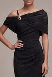 Black Sheath Glitter Asymmetrical Neck Ruched Long Formal Dress with Sleeves