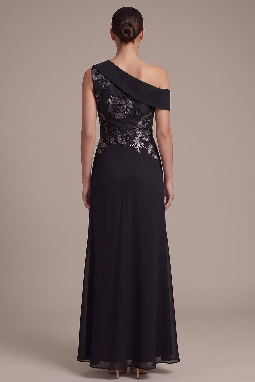 Black Sheath One Shoulder Floral Ruched Chiffon Long Formal Dress with Slit