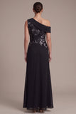 Black Sheath One Shoulder Floral Ruched Chiffon Long Formal Dress with Slit
