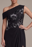 Black Sheath One Shoulder Floral Ruched Chiffon Long Formal Dress with Slit