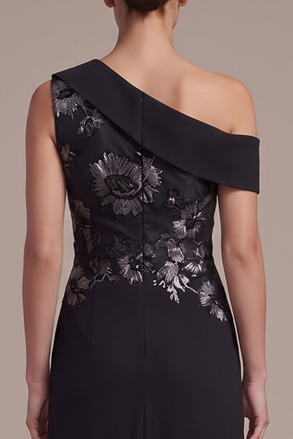 Black Sheath One Shoulder Floral Ruched Chiffon Long Formal Dress with Slit