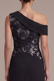 Black Sheath One Shoulder Floral Ruched Chiffon Long Formal Dress with Slit
