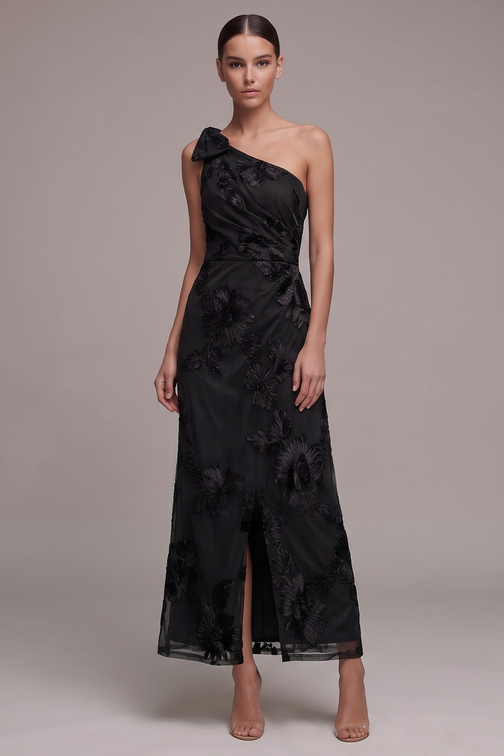 Black Sheath One Shoulder Floral Ruched Long Formal Dress with Slit