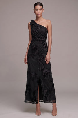 Black Sheath One Shoulder Floral Ruched Long Formal Dress with Slit