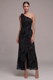 Black Sheath One Shoulder Floral Ruched Long Formal Dress with Slit