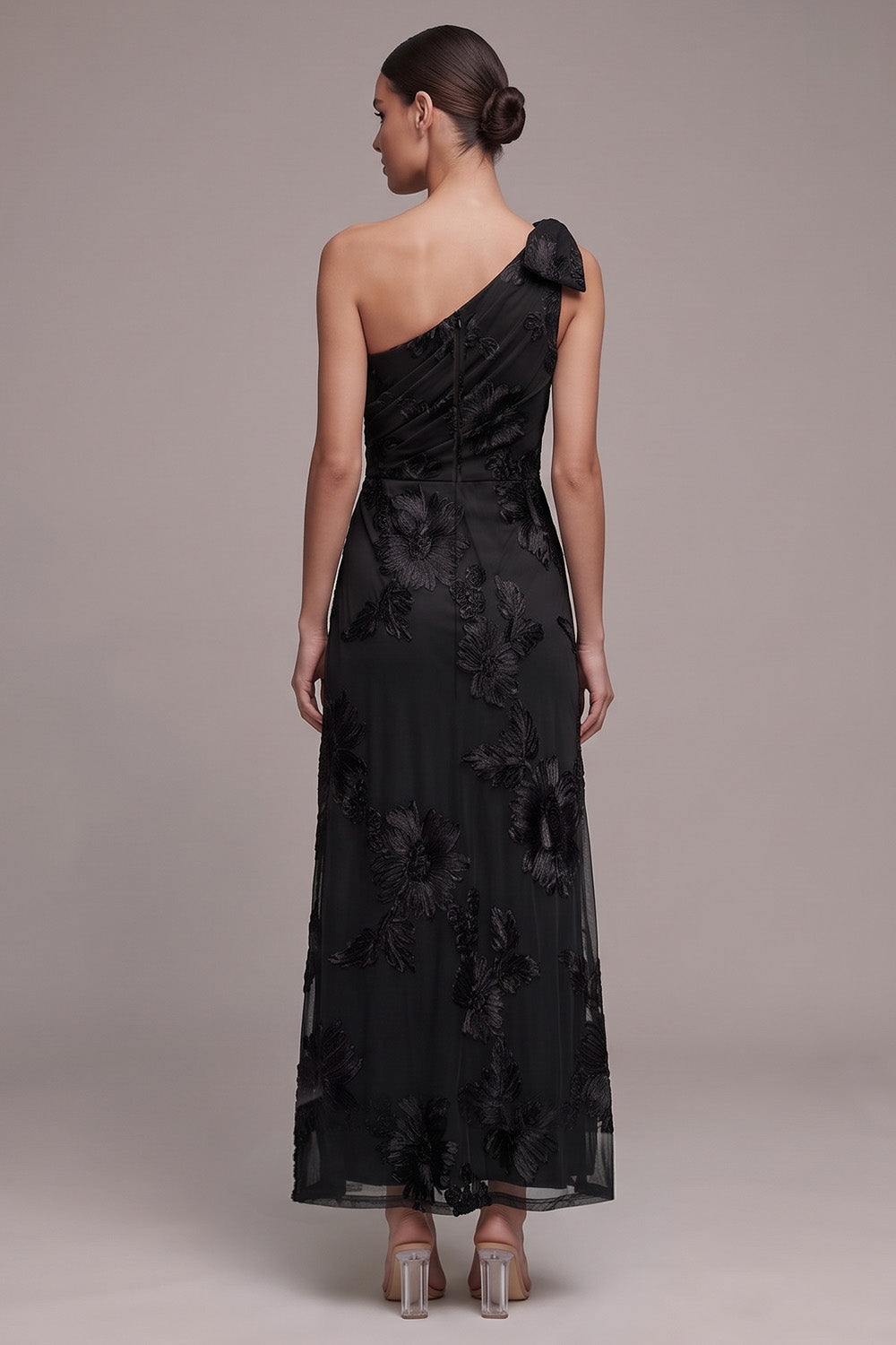 Black Sheath One Shoulder Floral Ruched Long Formal Dress with Slit