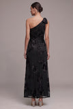 Black Sheath One Shoulder Floral Ruched Long Formal Dress with Slit