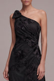 Black Sheath One Shoulder Floral Ruched Long Formal Dress with Slit