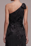 Black Sheath One Shoulder Floral Ruched Long Formal Dress with Slit