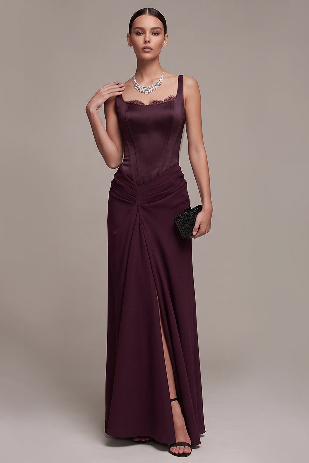 Burgundy Corset Sheath Square Neck Ruched Long Formal Dress with Slit
